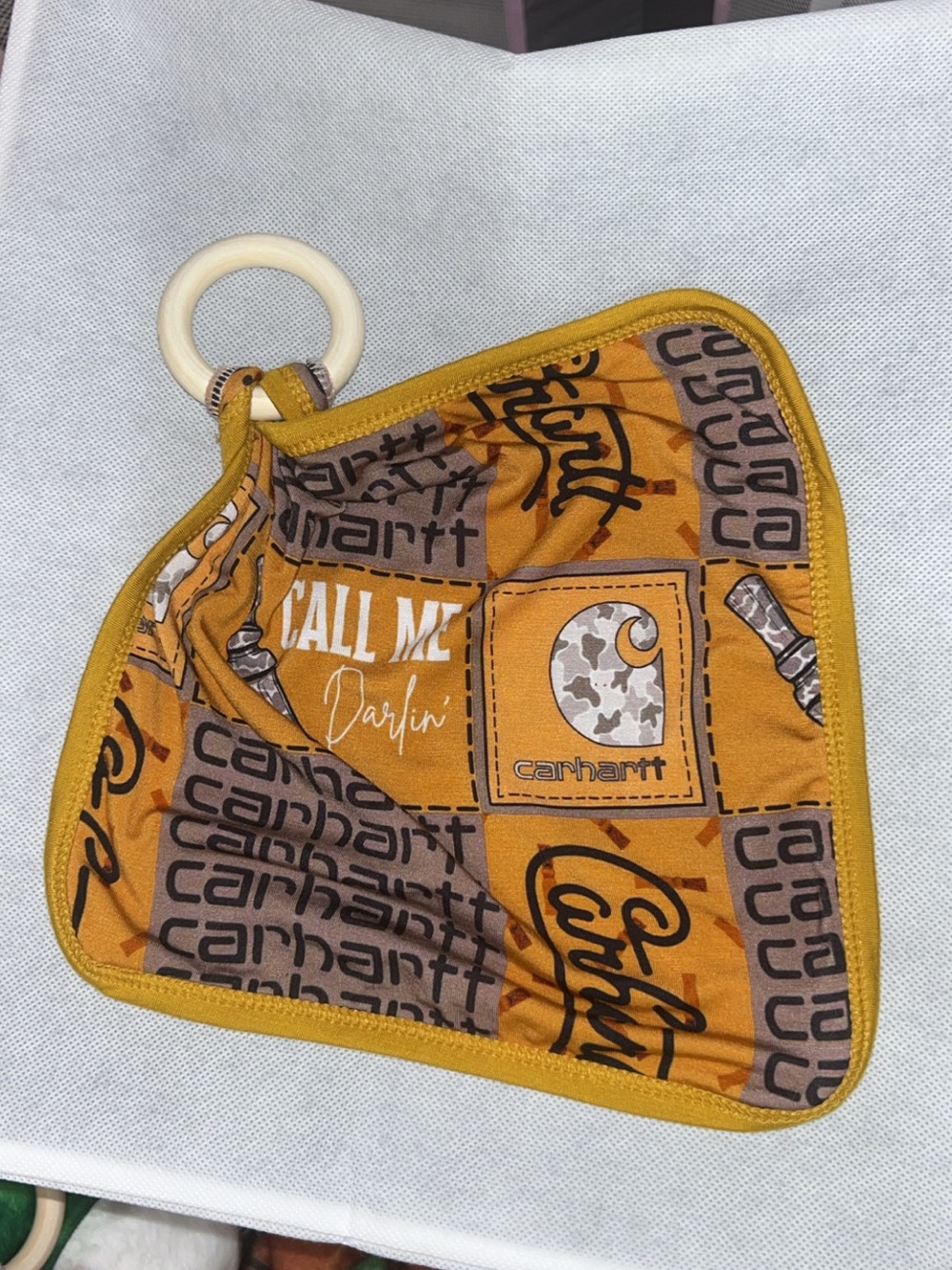 Carhartt Mustard Brown Logo Baby Bamboo Lovey with Teething Ring